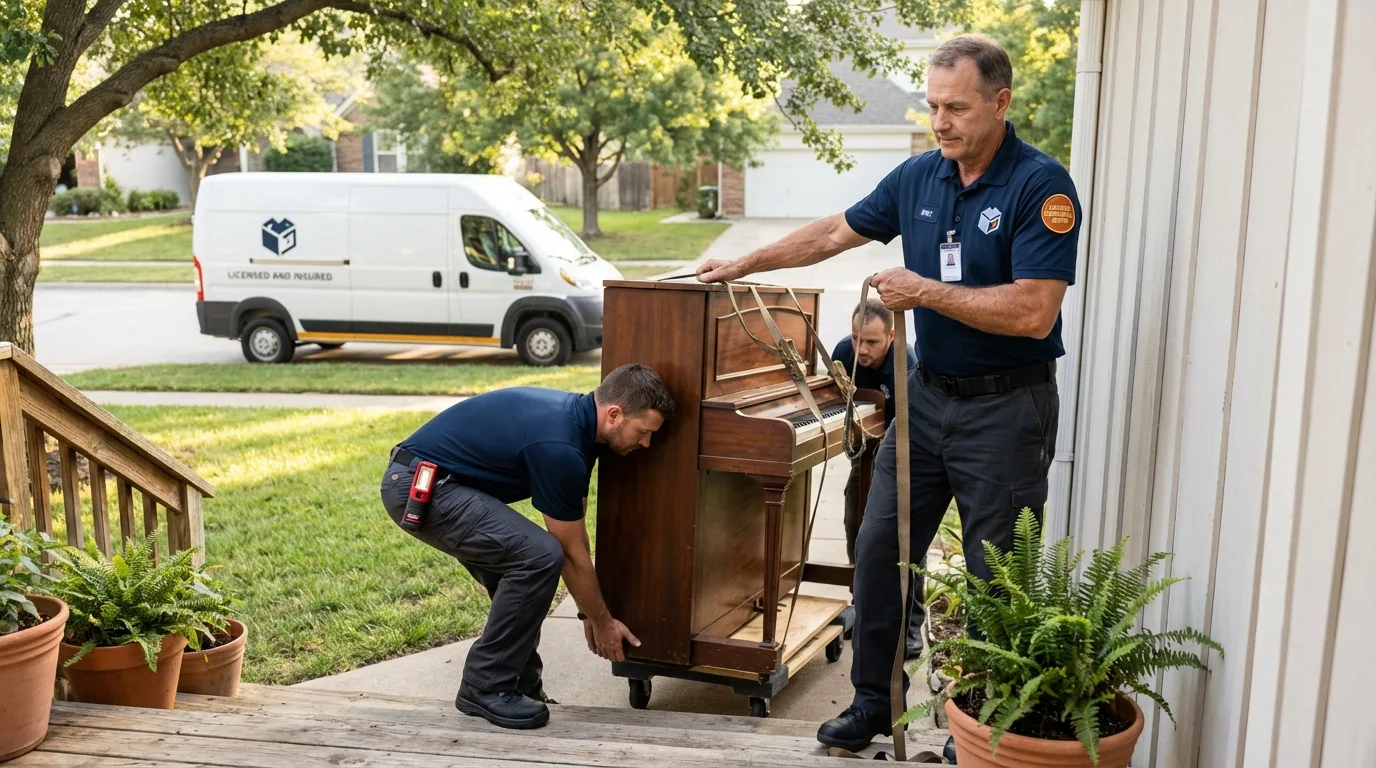 Licensed piano movers securing grand piano in Elkton, VA