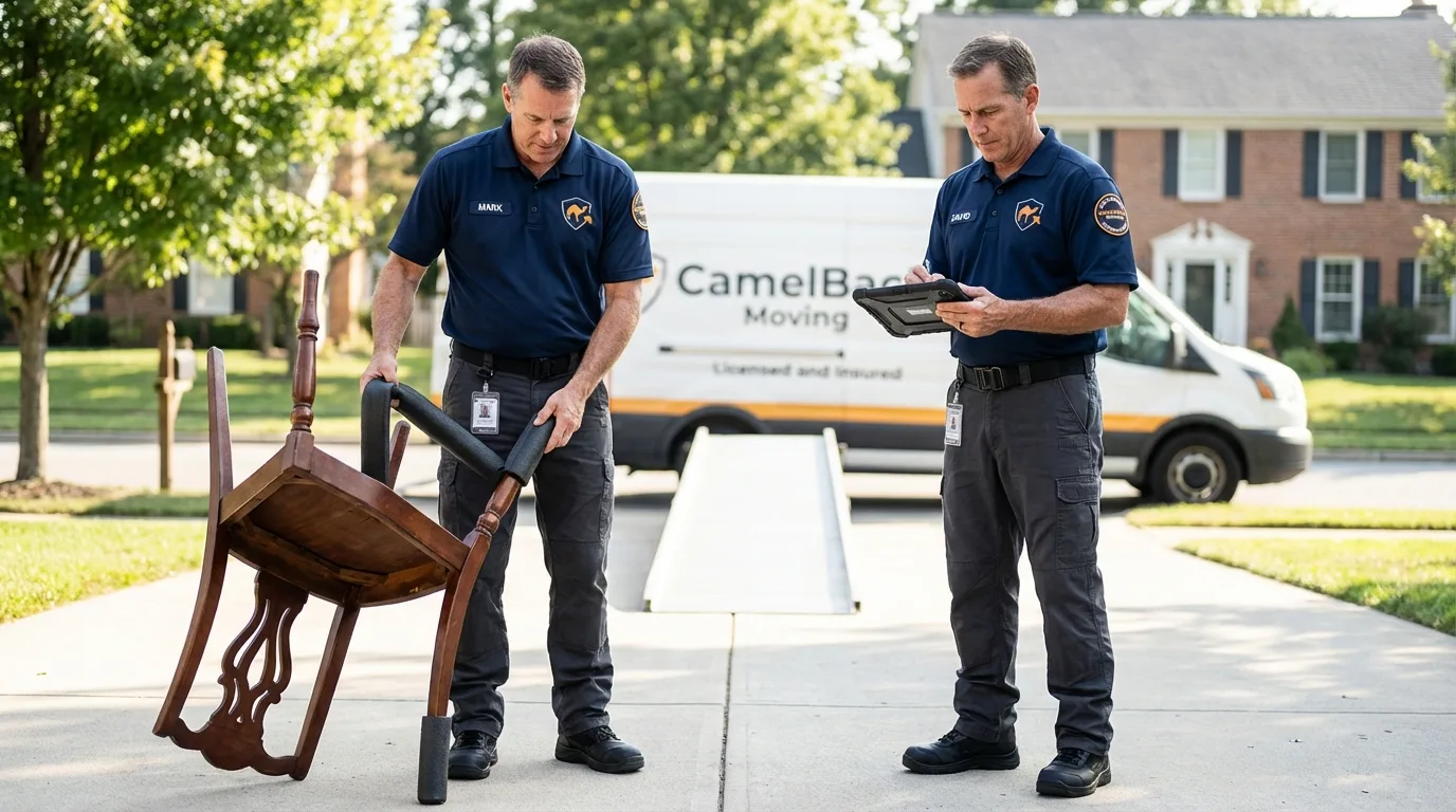Movers inspecting furniture for damage prevention before loading in Elkton, VA