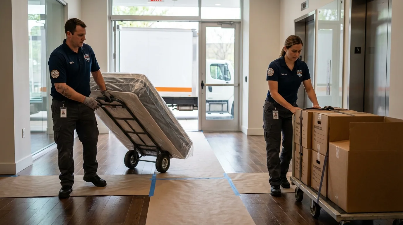 Professional apartment movers loading elevator in Elkton, VA