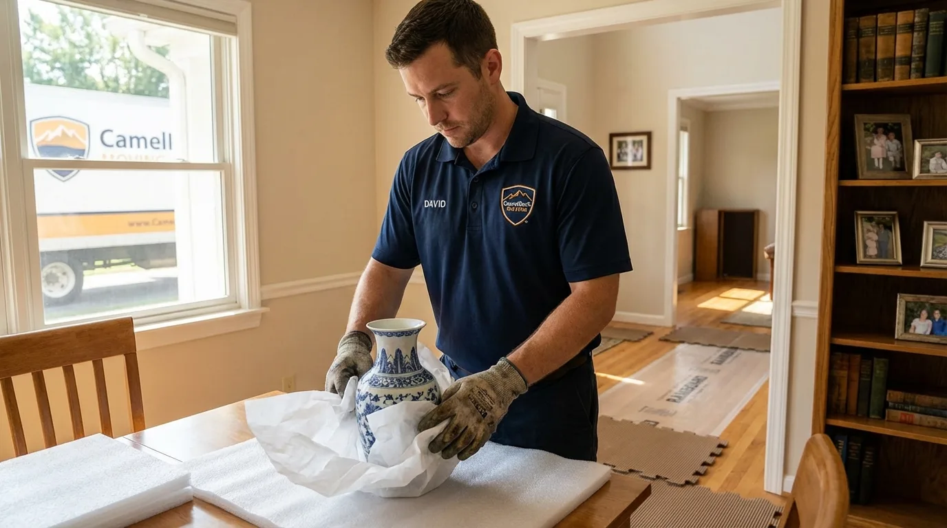 Professional crew carefully wrapping antique vase for senior downsizing move in Elkton, VA